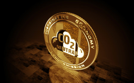 CO2 Neutral and eco friendly gold coin on green screen background. Abstract concept 3d illustration.の写真素材