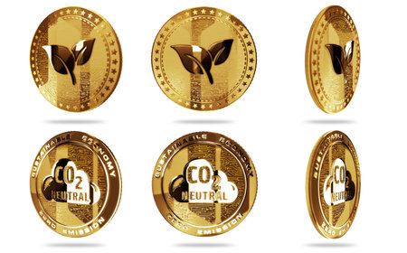 CO2 Neutral and eco friendly isolated gold coin on green screen background. Abstract concept 3d illustration.の写真素材