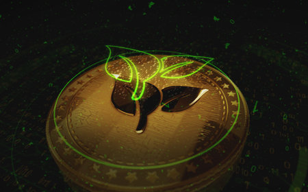 CO2 Neutral and eco friendly gold coin on green screen background. Abstract concept 3d illustration.の写真素材