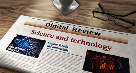Science and technology innovation in business daily newspaper on table. Headlines news abstract concept 3d illustration.の写真素材