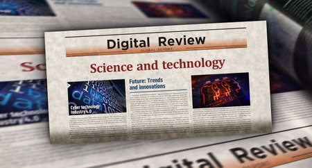 Science and technology innovation in business vintage news and newspaper printing. Abstract concept retro headlines 3d illustration.の写真素材