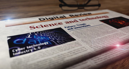 Science and technology innovation in business daily newspaper on table. Headlines news abstract concept 3d illustration.の写真素材