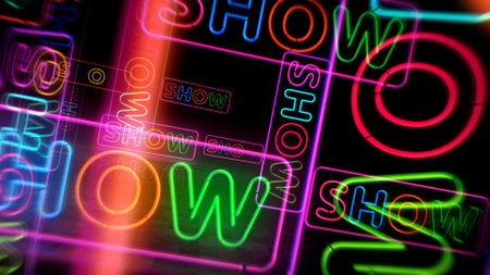 Show time event neon symbol. Showtime entertainment light color bulbs. Abstract concept 3d illustration.の写真素材