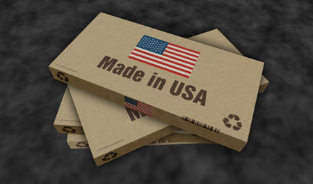 Made in USA box production line. Manufacturing and delivery. Product factory, import and export. Abstract concept 3d illustration.の写真素材