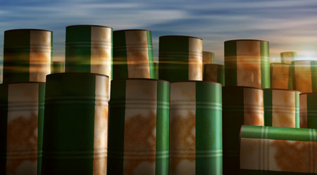 Nigeria oil crude petroleum fuel barrels in row concept. Nigerian petrol business and fuel extraction industrial containers 3d illustration.の写真素材