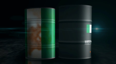 Nigeria oil crude petroleum fuel barrels in row concept. Nigerian petrol business and fuel extraction industrial containers 3d illustration.の写真素材