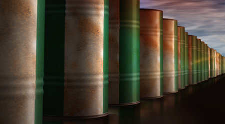 Nigeria oil crude petroleum fuel barrels in row concept. Nigerian petrol business and fuel extraction industrial containers 3d illustration.の写真素材
