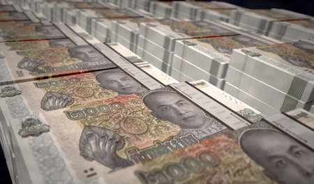 Cambodian riel money printing 3d illustration. 2000 KHR banknote print. Concept of finance, cash, economy crisis, business success, recession, bank, tax and debt in Cambodia.の写真素材