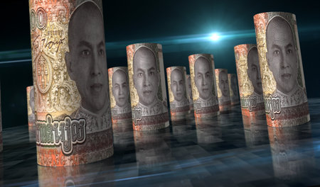 Cambodian money Cambodian riel money rolls 3d illustration. 2000 KHR banknote rolled. Concept of finance, cash, economy crisis, business success, recession, bank, tax and debt.の写真素材