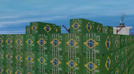 Brazil export production and import containers on a cargo ship. Business concept of transport and shipping with a Brazilian flag. 3D drone view illustration.の写真素材