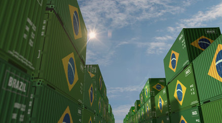 Brazil export production and import cargo containers in row business concept. Brazilian flag industrial shipping box 3d illustration.の写真素材