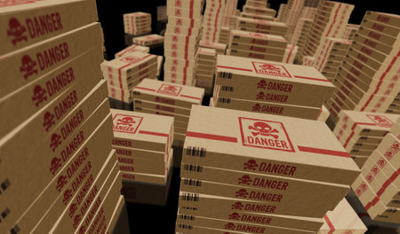 Danger with skull symbol box production line. Toxic gambling sign cardboard pack factory. Abstract concept 3d illustration.の写真素材