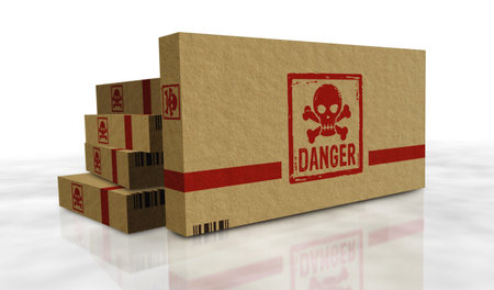 Danger with skull symbol box production line. Toxic sign cardboard pack factory. Abstract concept 3d illustration.の写真素材