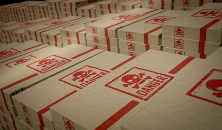 Danger with skull symbol box production line. Toxic gambling sign cardboard pack factory. Abstract concept 3d illustration.の写真素材