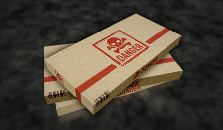 Danger with skull symbol box production line. Toxic gambling sign cardboard pack factory. Abstract concept 3d illustration.の写真素材
