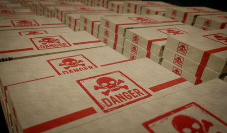 Danger with skull symbol box production line. Toxic sign cardboard pack factory. Abstract concept 3d illustration.の写真素材