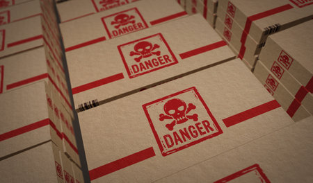 Danger with skull symbol box production line. Toxic sign cardboard pack factory. Abstract concept 3d illustration.の写真素材