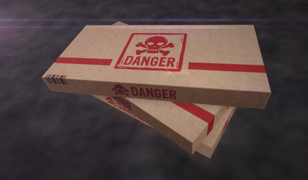 Danger with skull symbol box production line. Toxic gambling sign cardboard pack factory. Abstract concept 3d illustration.の写真素材