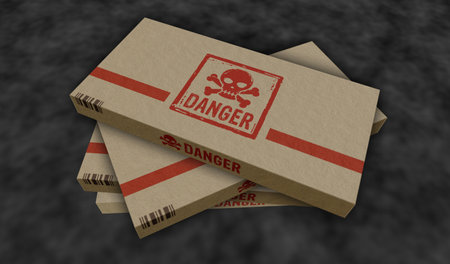 Danger with skull symbol box production line. Toxic sign cardboard pack factory. Abstract concept 3d illustration.の写真素材