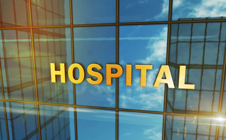 Hospital glass building concept. Medical health emergency symbol on front facade 3d illustration.の写真素材