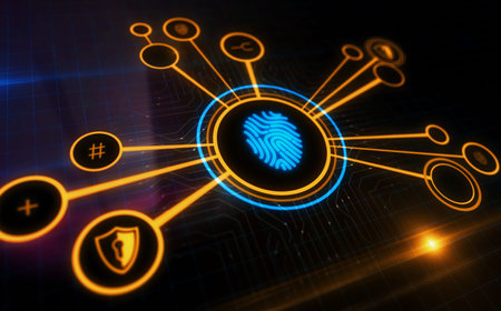Fingerprint biometric identification access security symbol digital concept. Network, cyber technology sign and computer background abstract icon 3d illustration.の写真素材