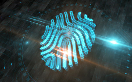 Fingerprint biometric identification access security symbol digital concept. Network, cyber technology sign and computer background abstract icon 3d illustration.の写真素材