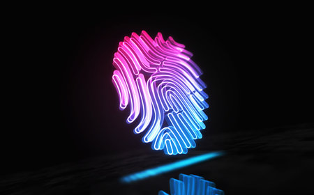 Fingerprint biometric identification access security symbol digital concept. Network, cyber technology sign and computer background abstract icon 3d illustration.の写真素材