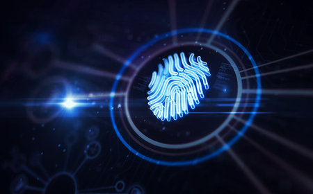Fingerprint biometric identification access security symbol digital concept. Network, cyber technology sign and computer background abstract icon 3d illustration.の写真素材
