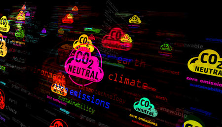 CO2 Neutral zero emission and ecology symbol technology concept. Abstract sign on glitch screens 3d illustration.の写真素材