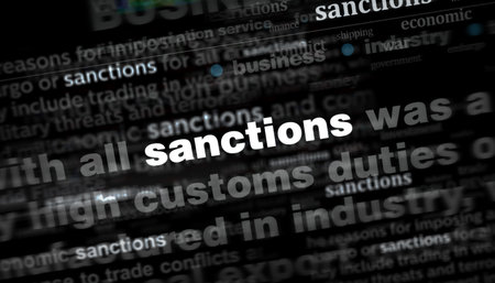 Sanctions economy and business trade embargo headline news across international media. Abstract concept of news titles on noise displays. TV glitch effect 3d illustration.の写真素材