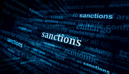 Sanctions economy and business trade embargo headline news across international media. Abstract concept of news titles on noise displays. TV glitch effect 3d illustration.の写真素材