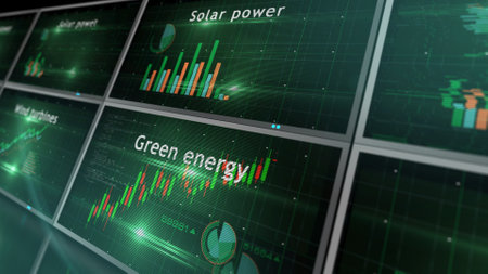 Green energy clean power and sustainable economy charts and graphs diagram concept 3d illustrationの写真素材