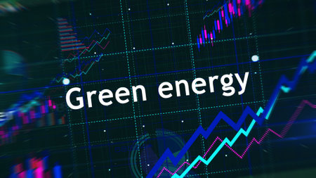 Green energy clean power and sustainable economy charts and graphs diagram concept 3d illustrationの写真素材