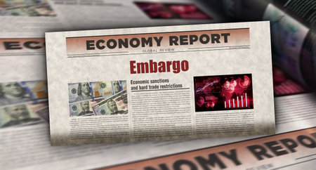 Embargo trade sanctions and economic war vintage news and newspaper printing. Abstract concept retro headlines 3d illustration.の写真素材