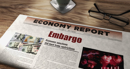 Embargo trade sanctions and economic war daily newspaper on table. Headlines news abstract concept 3d illustration.の写真素材