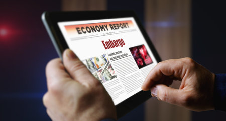 Embargo trade sanctions and economic war daily newspaper reading on mobile tablet computer screen. Man touch screen with headlines news abstract concept 3d illustration.の写真素材