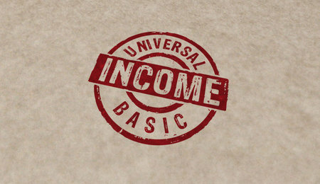 Universal Basic Income stamp icons in few color versions. Periodic payment citizens earnings concept 3D rendering illustration.の写真素材