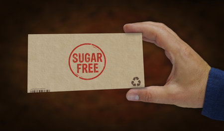 Sugar free healthy diet box in hand. Diabetic healthy diet cardboard pack factory. Abstract concept 3d illustration.の写真素材