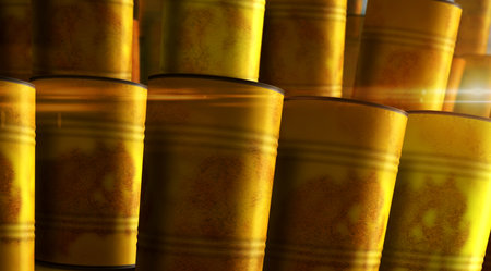 Yellow barrels in row concept. Chemical nuclear waste industrial containers 3d illustration.の写真素材
