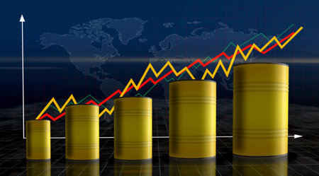 Yellow barrels on growing chart. Chemical industrial metal containers with increase statistic diagram 3d illustration.の写真素材