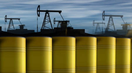 Yellow barrels in row concept. Chemical industrial containers 3d illustration.の写真素材