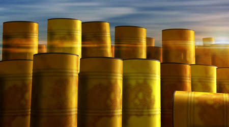Yellow barrels in row concept. Chemical industrial containers 3d illustration.の写真素材