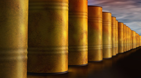 Yellow barrels in row concept. Chemical industrial containers 3d illustration.の写真素材
