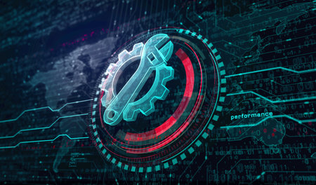 Management setting gear and maintenance fixing symbol digital concept. Network, cyber technology and computer background abstract 3d illustration.の写真素材