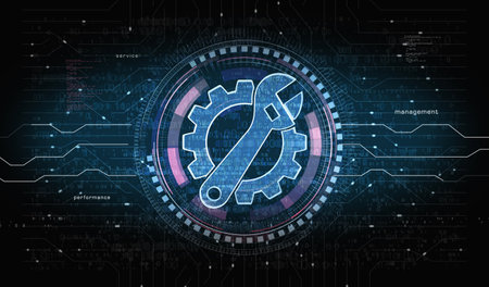 Management setting gear and maintenance fixing symbol digital concept. Network, cyber technology and computer background abstract 3d illustration.の写真素材