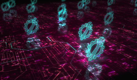 Management setting gear and maintenance fixing symbol digital concept. Network, cyber technology and computer background abstract 3d illustration.の写真素材