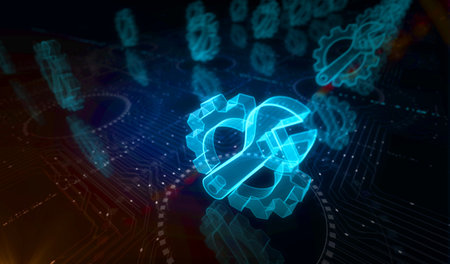 Management setting gear and maintenance fixing symbol digital concept. Network, cyber technology and computer background abstract 3d illustration.の写真素材