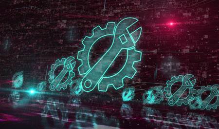 Management setting gear and maintenance fixing symbol digital concept. Network, cyber technology and computer background abstract 3d illustration.の写真素材
