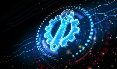 Management setting gear and maintenance fixing symbol digital concept. Network, cyber technology and computer background abstract 3d illustration.の写真素材