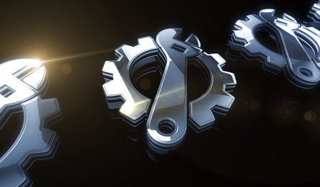 Management setting gear and maintenance fixing golden metal shine symbol concept. Spectacular glowing and reflection light icon abstract object 3d illustration.の写真素材